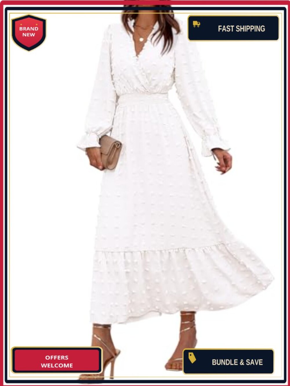 Swiss Dot V-Neck Maxi Dress - Long Sleeve Wedding Guest A-Line Ruffle